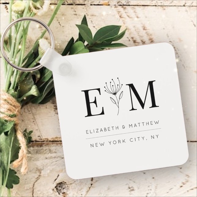 Wedding Elegant Chic Modern Monogram Foliage Key Ring (Creator Uploaded)