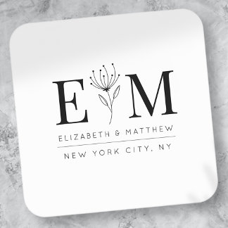 Wedding Elegant Chic Modern Monogram Foliage Square Sticker