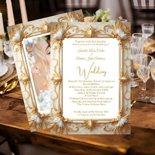 Wedding Elegant Cream Beige Gold Photo Invitation