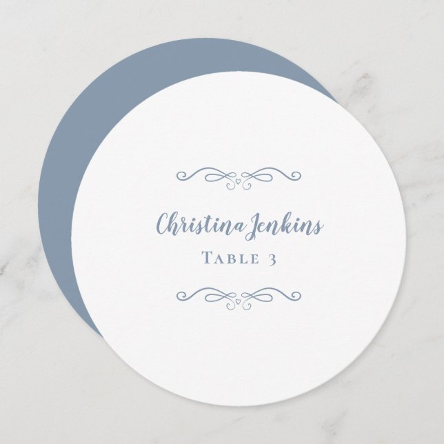 Wedding Elegant Dusty Blue White Round Place Card (Front/Back)