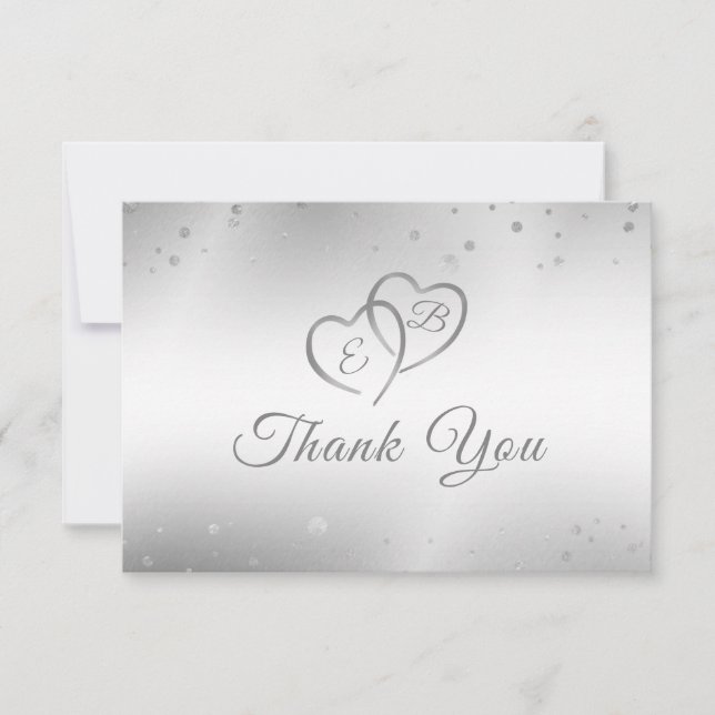 Wedding Elegant Faux Silver Hearts Confetti Script Thank You Card (Front)