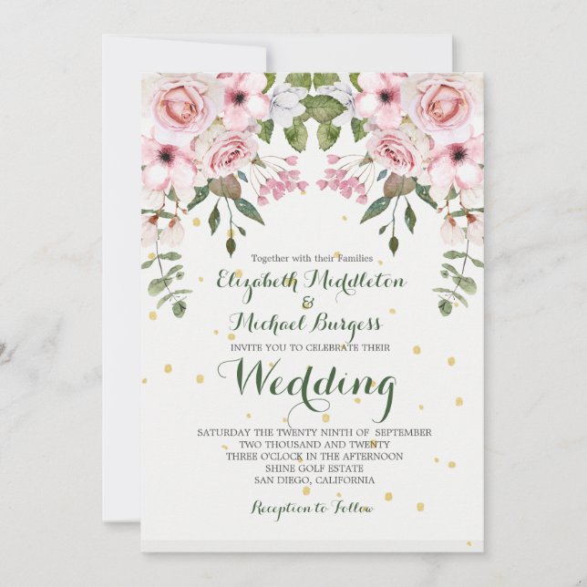  Wedding Elegant Floral Foliage Pink Green Invitation (Front)