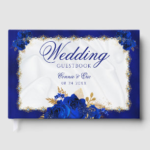 Wedding Elegant Floral Royal Blue White Gold Guest Book