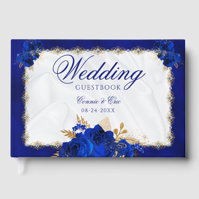 Wedding Elegant Floral Royal Blue White Gold Guest Book (Front)