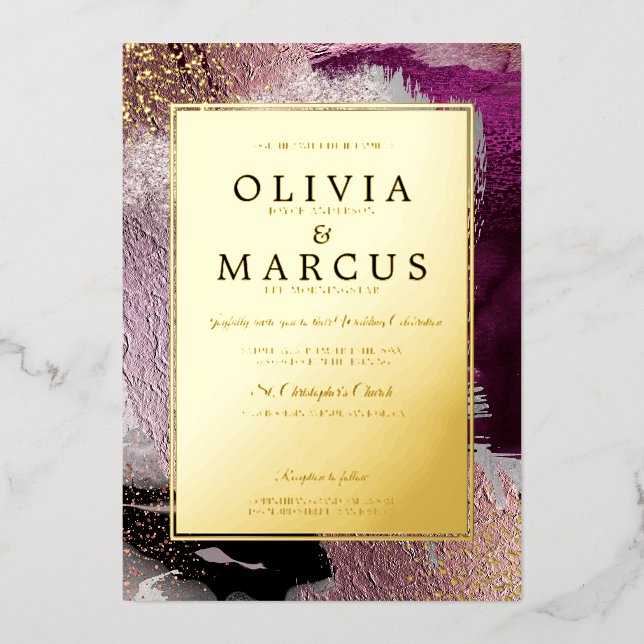 WEDDING  | Elegant Gold Cassis Plum Brush Strokes (Front)