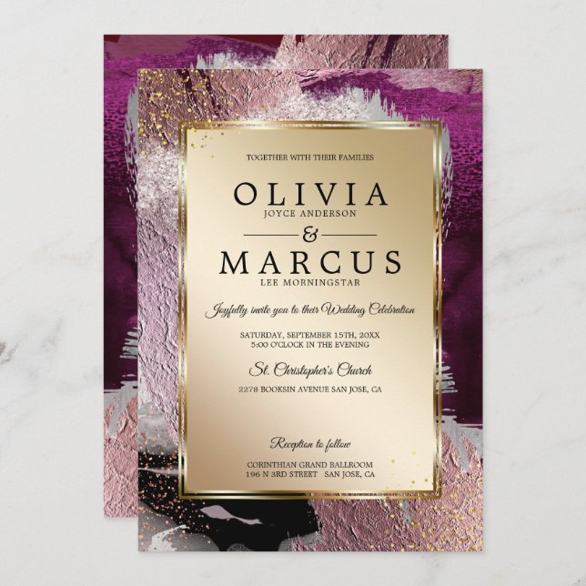 Wedding | Elegant Gold Cassis Plum Brush Strokes Invitation (Front/Back)
