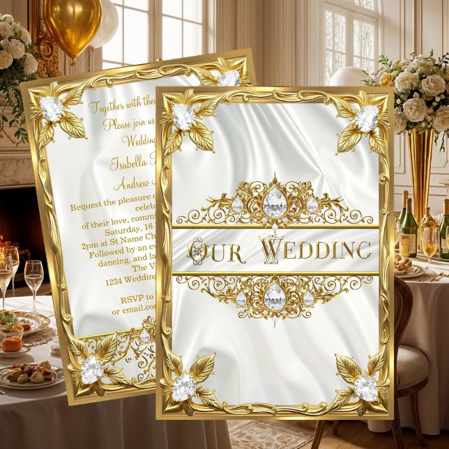 Wedding Elegant Gold Silk White Diamonds Gems Invitation (Creator Uploaded)