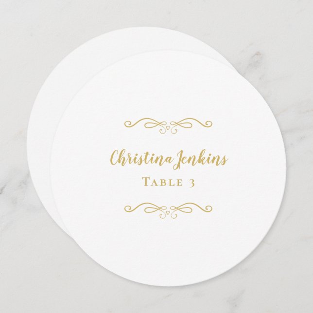 Wedding Elegant Gold & White Round Place Card (Front/Back)