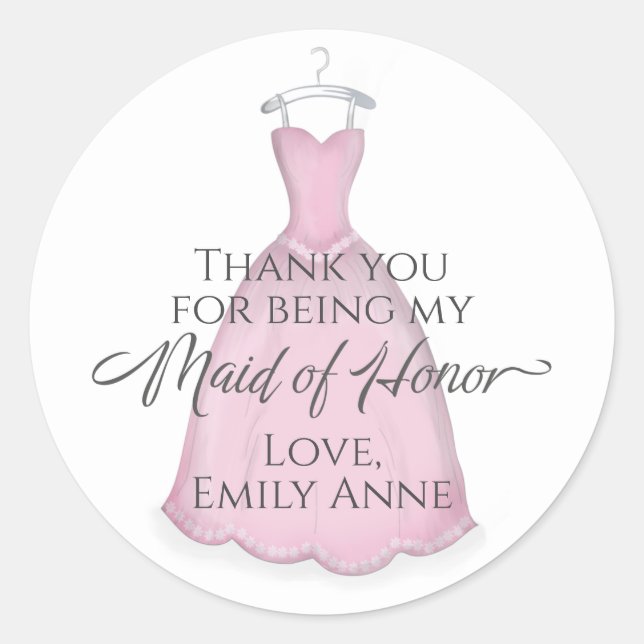 Wedding Elegant Maid of Honour Classic Pink Dress Classic Round Sticker (Front)