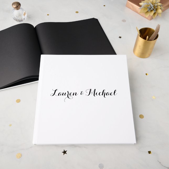 Wedding Elegant Minimalist Calligraphy Black White Guest Book (Front Open)