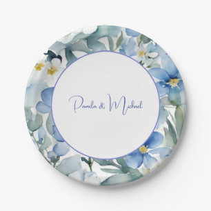Wedding Elegant Minimalist Classical Blue Floral Paper Plate