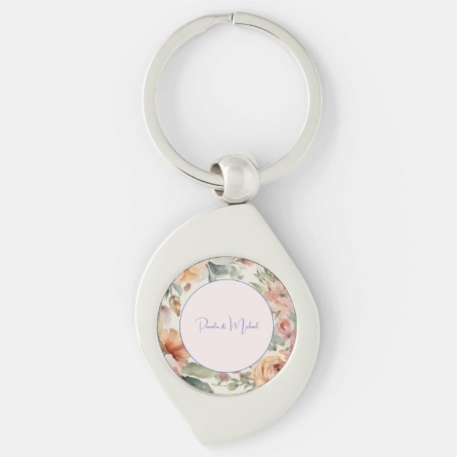 Wedding Elegant Minimalist Classical Floral Key Ring (Front)