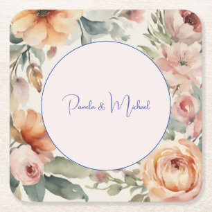 Wedding Elegant Minimalist Classical Floral Square Paper Coaster