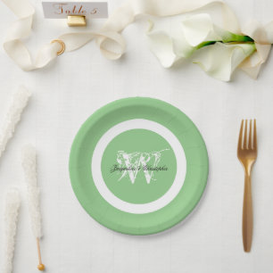 Wedding Elegant Monogram Name Chic Pastel Green  Paper Plate