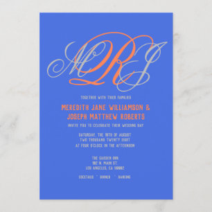 Wedding Elegant Monogram Royal Blue Grey Coral Invitation