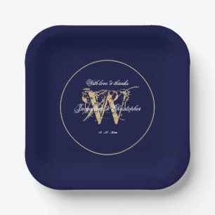 Wedding Elegant Navy Blue And Gold Monogram Chic Paper Plate