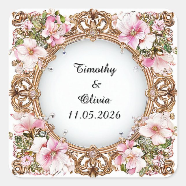 Wedding Elegant Ornate Floral Frame Square Sticker (Front)