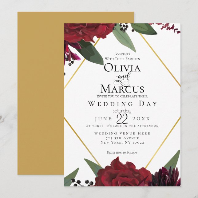 WEDDING | Elegant Rich Burgundy Marsala Floral 3 Invitation (Front/Back)