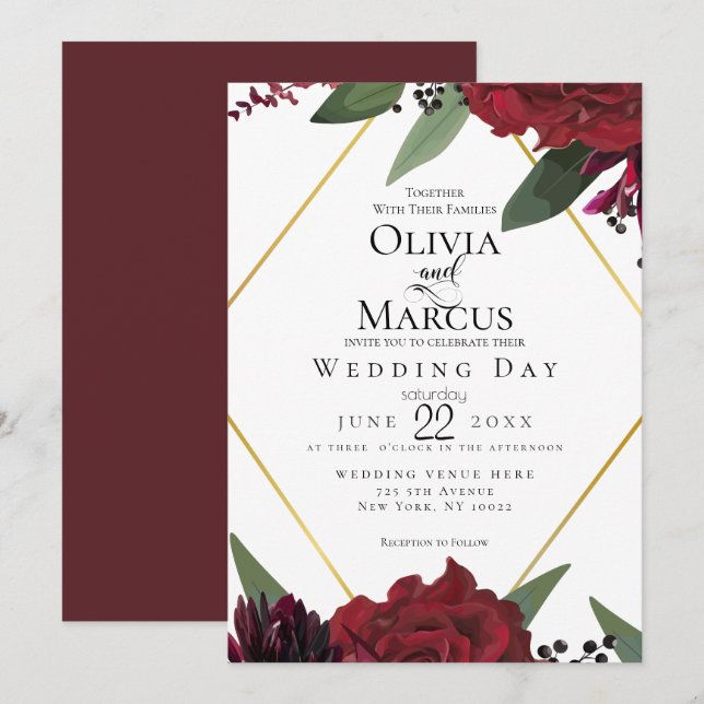 WEDDING | Elegant Rich Burgundy Marsala Floral 3 Invitation (Front/Back)