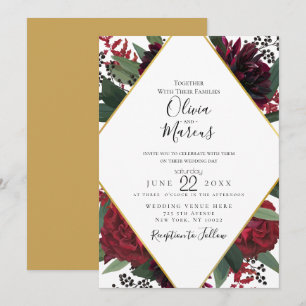 WEDDING   Elegant Rich Burgundy Marsala Floral Gol Invitation