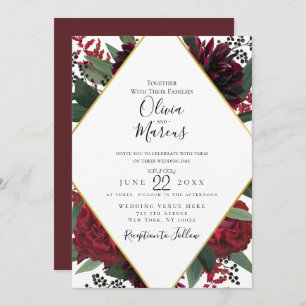 WEDDING   Elegant Rich Burgundy Marsala Floral Red Invitation