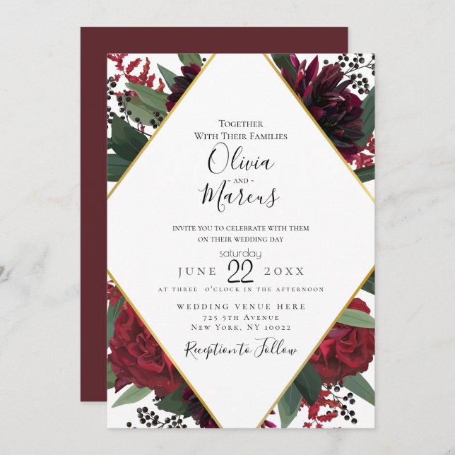WEDDING | Elegant Rich Burgundy Marsala Floral Red Invitation (Front/Back)