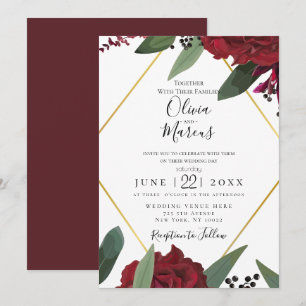 WEDDING Elegant Rich Burgundy Marsala Floral Red Invitation