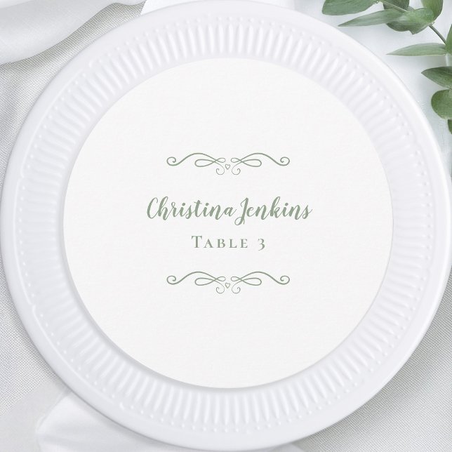 Wedding Elegant Sage Green Round Place Card (Wedding Elegant Sage Green Round Custom Guest Name Place Card)