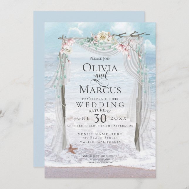 Wedding | Elegant Seaside Driftwood Tulle Arbor Invitation (Front/Back)