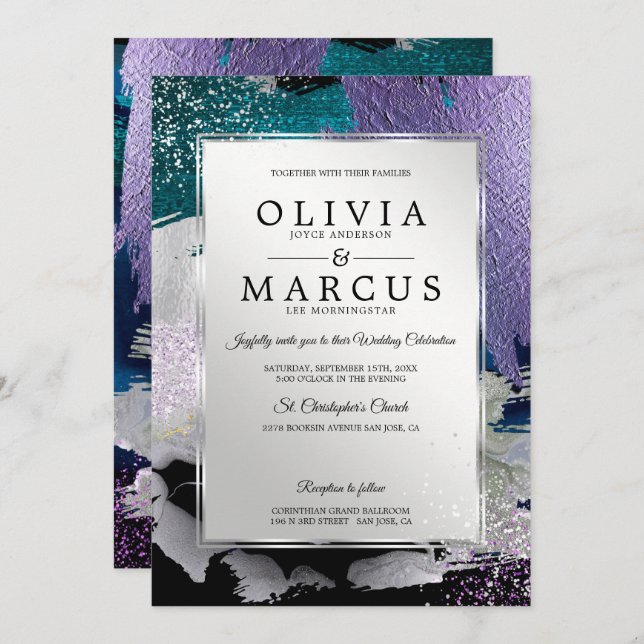 Wedding | Elegant Silver  Brush Strokes Invitation (Front/Back)