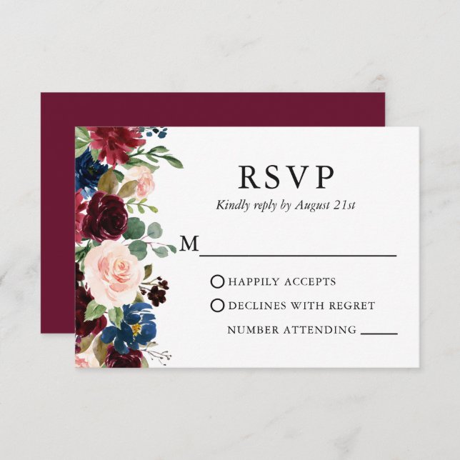 Wedding Elegant Watercolor Burgundy Blue Floral RSVP Card (Front/Back)