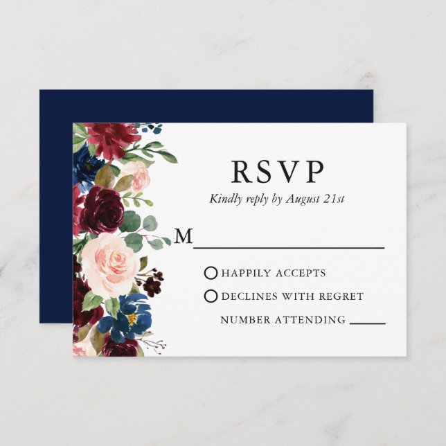 Wedding Elegant Watercolor Burgundy Floral Blue RSVP Card (Front/Back)