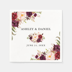 Wedding Elegant Watercolor Burgundy Floral Napkin
