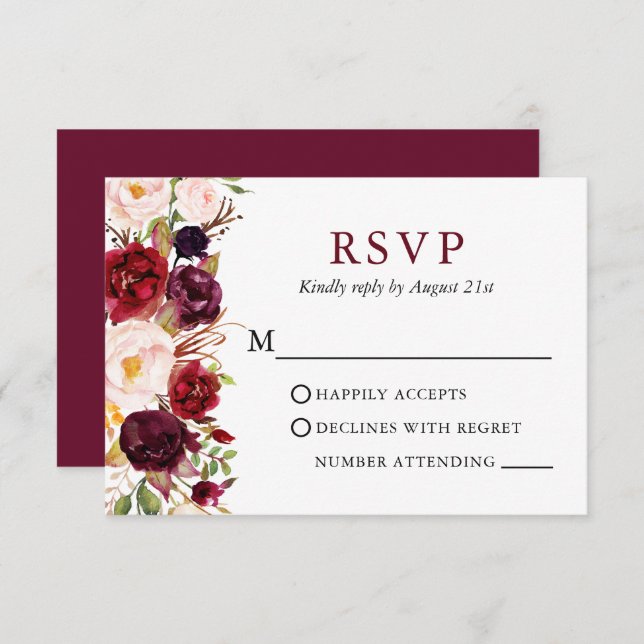 Wedding Elegant Watercolor Floral Burgundy RSVP Card (Front/Back)