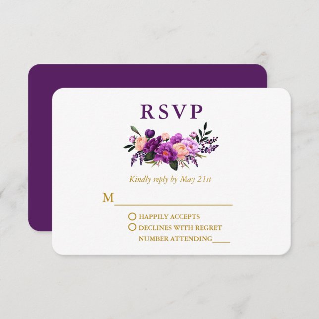 Wedding Elegant Watercolor Purple Floral Gold RSVP Card (Front/Back)