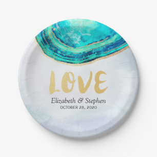 Wedding Elegant Watercolor Teal & Gold Agate Geode Paper Plate