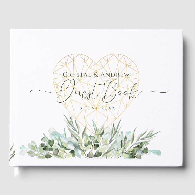 Wedding Elegant White Gold Heart Eucalyptus Leaves Guest Book (Front)