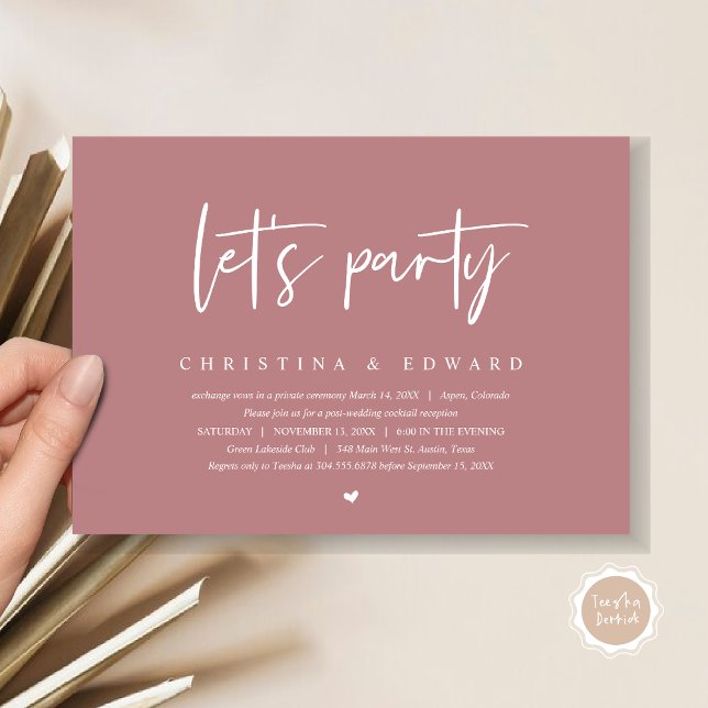 Wedding Elopement Dinner and Dancing, Let's party Invitation (Let's Party, Post Wedding Elopement Dinner and Party Celebration Invitation Card, in Dusty Rose Pink)