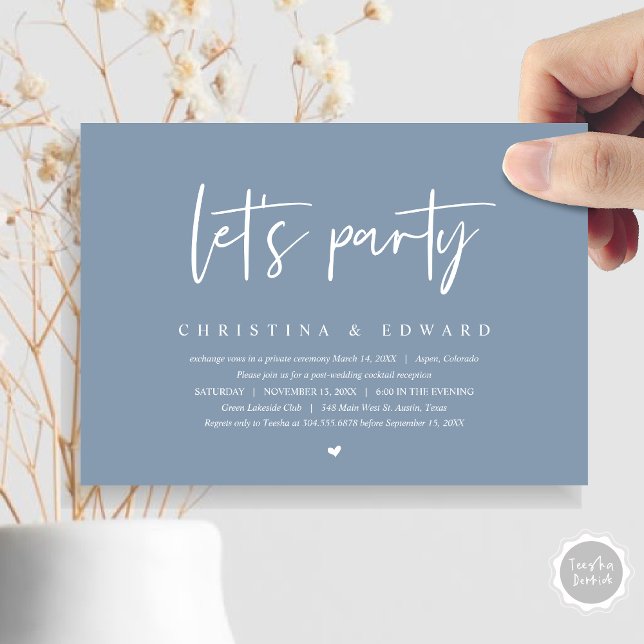 Wedding Elopement Dinner and Dancing, Let's party Invitation (Let's Party, Post Wedding Elopement Dinner and Party Celebration Invitation Card, in Dusty Blue)