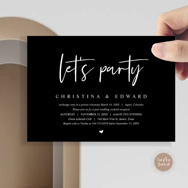 Wedding Elopement Dinner and Dancing, Let's party Invitation (Let's Party, Post Wedding Elopement Dinner and Party Celebration Invitation Card, in Classy Black)