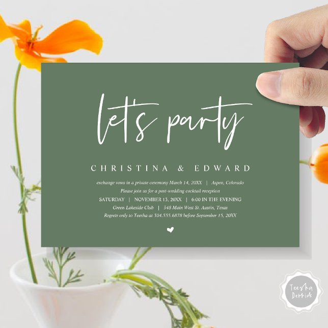 Wedding Elopement Dinner and Dancing, Let's party Invitation (Let's Party, Post Wedding Elopement Dinner and Party Celebration Invitation Card, in Sage Green)