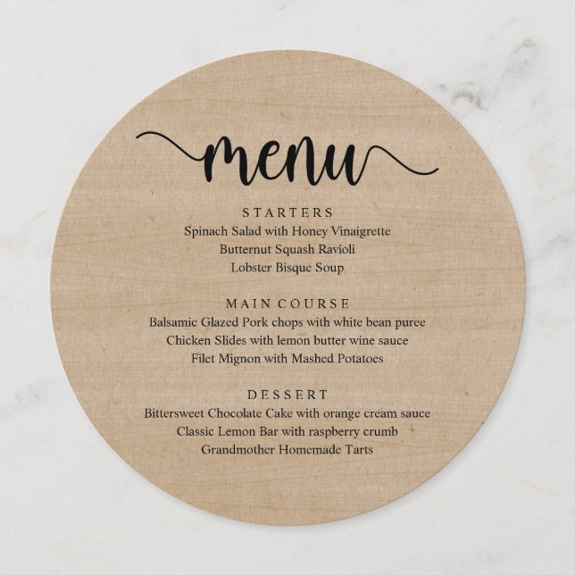 Wedding Elopement Dinner, Modern Rustic Brown Wood Menu (Front)