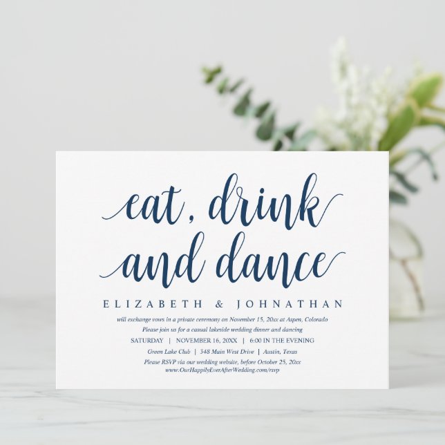 Wedding Elopement, Eat, Drink and Dance Invitation (Standing Front)