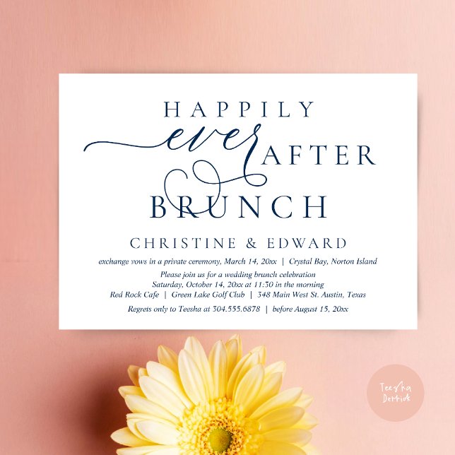 Wedding Elopement, Happily Ever After Brunch Invitation (Modern Classy Wedding Elopement, Happily Ever After Brunch Invitation Card, PDF, in Navy Blue)