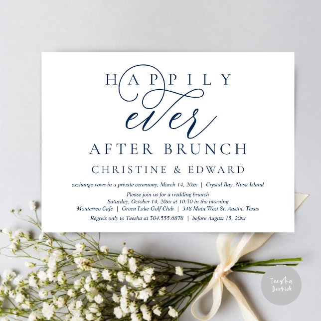 Wedding Elopement, Happily Ever After Brunch Invitation (Modern Classy Wedding Elopement, Happily Ever After Brunch Invitation Card, PDF, in Navy Blue)
