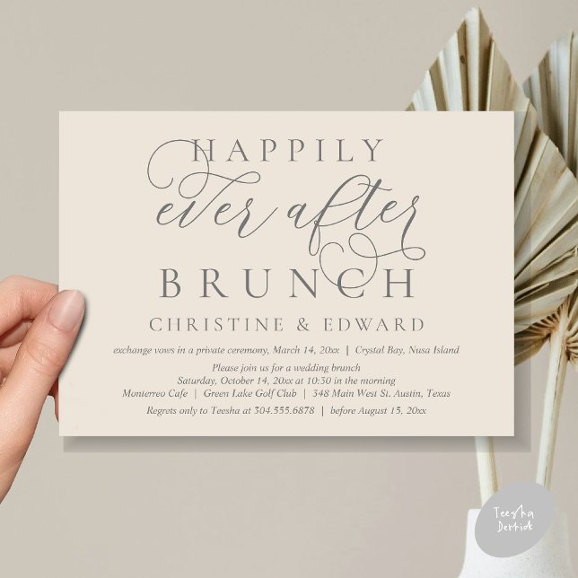 Wedding Elopement, Happily Ever After Brunch Invitation (Modern Classy Wedding Elopement, Happily Ever After Brunch Invitation Card, PDF, in Cream Grey)