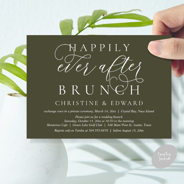Wedding Elopement, Happily Ever After Brunch Invitation (Modern Classy Wedding Elopement, Happily Ever After Brunch Invitation Card, PDF, in Olive Green)