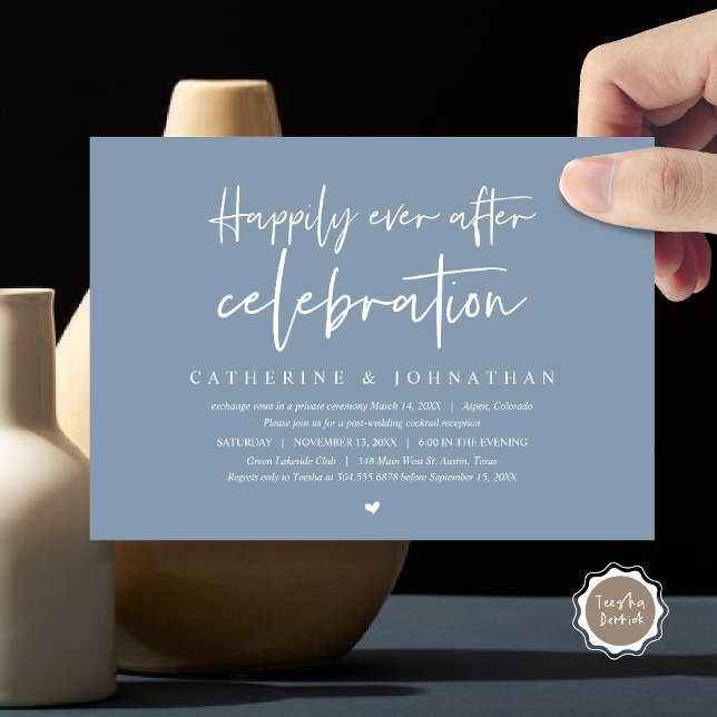 Wedding Elopement, Happily Ever after celebration Invitation (Wedding Elopement Dinner, Happily Ever after celebration Invitation Card, PDF, in Dusty Blue)