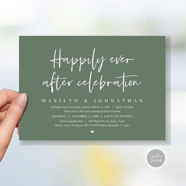 Wedding Elopement, Happily Ever after Celebration Invitation (Wedding Elopement, Happily Ever after Celebration Invitation Card, Printed, File, in sage green)