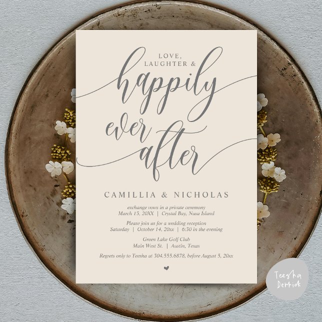 Wedding Elopement, Happily Ever After Party Invita Invitation (Wedding Elopement, To Love Laughter and Happily Ever After Party Invitation Card, PDF, Cream Grey)